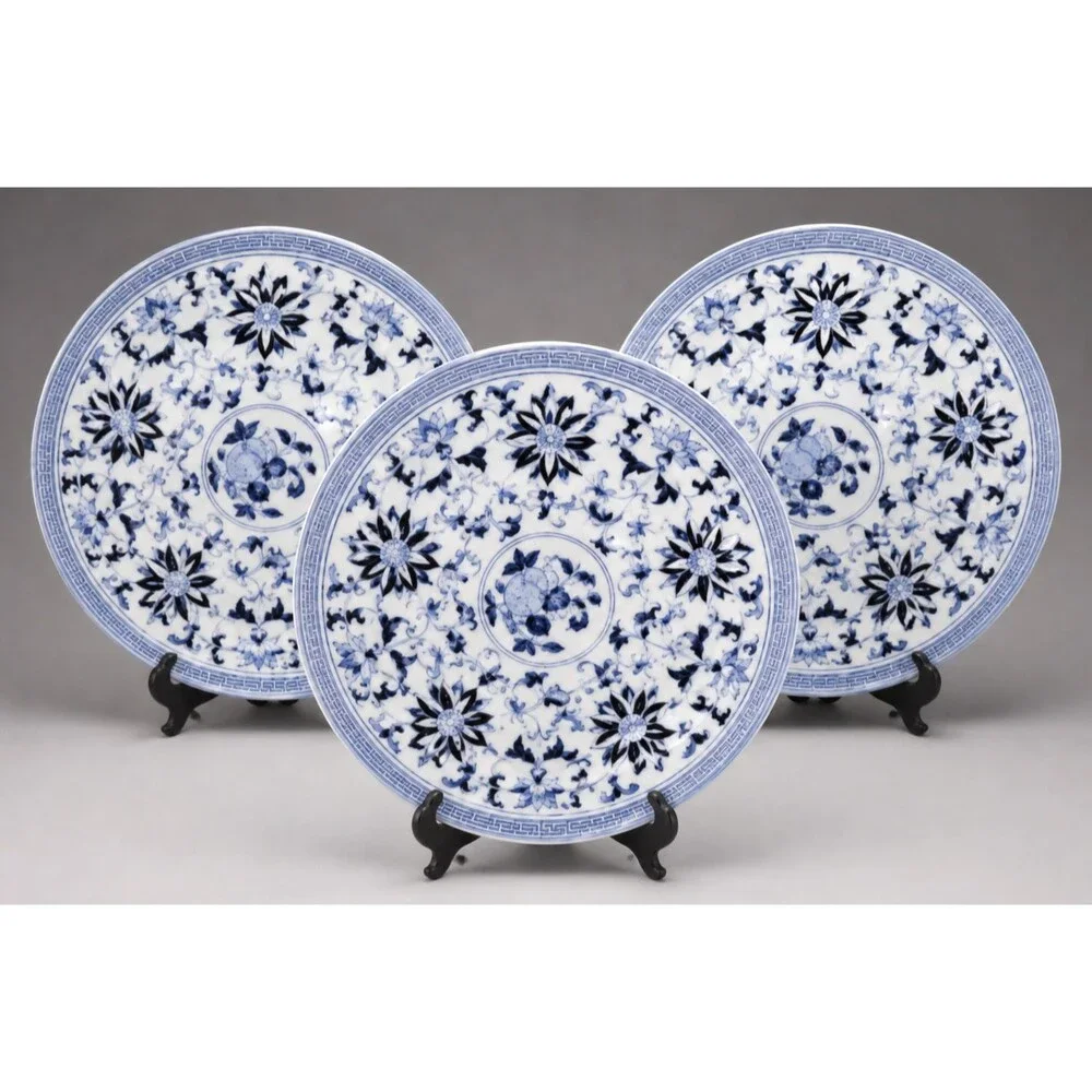Vintage 1990s Chinese Blue & White Pomegranate Plates (3) Hand Painted